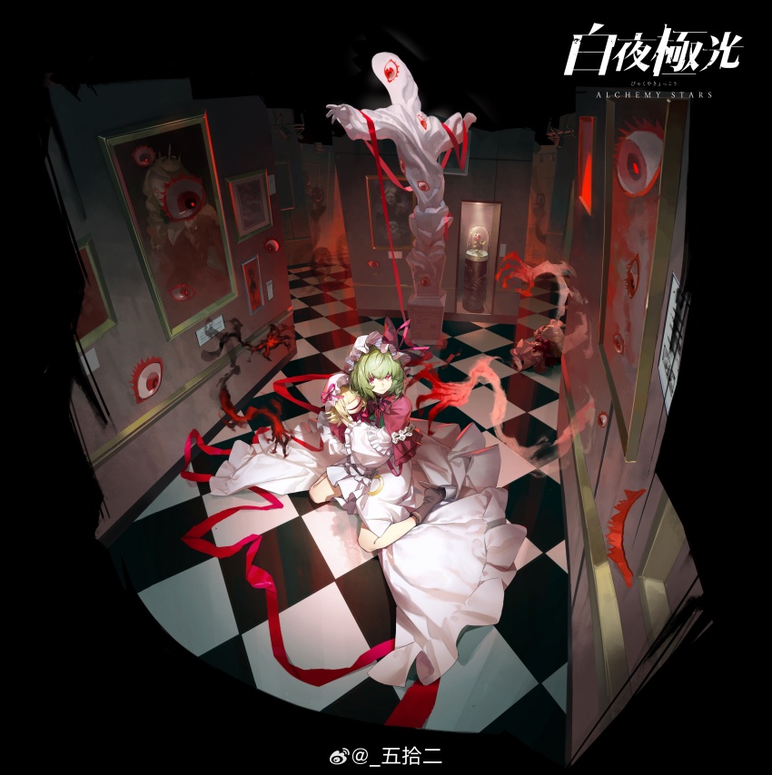 1girl, absurdres, alchemy_stars, ankle_socks, bell_jar, black_background, bow, bowtie