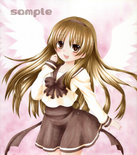 1girl, :d, blush, brown_eyes, brown_hair, brown_hairband, brown_ribbon, brown_skirt, clenched_hand, commentary_request, cowboy_shot, floating_hair, hairband, hand_up, hizuki_ayaka, long_hair, long_sleeves, looking_ahead, lowres, memories_off, memories_off_1, miniskirt, neck_ribbon, open_mouth, pink_background, ribbon, sailor_collar, sailor_shirt, salt713, sample_watermark, school_uniform, serafuku, shirt, simple_background, skirt, sleeve_cuffs, smile, solo, straight_hair, watermark, white_shirt, white_wings, wings