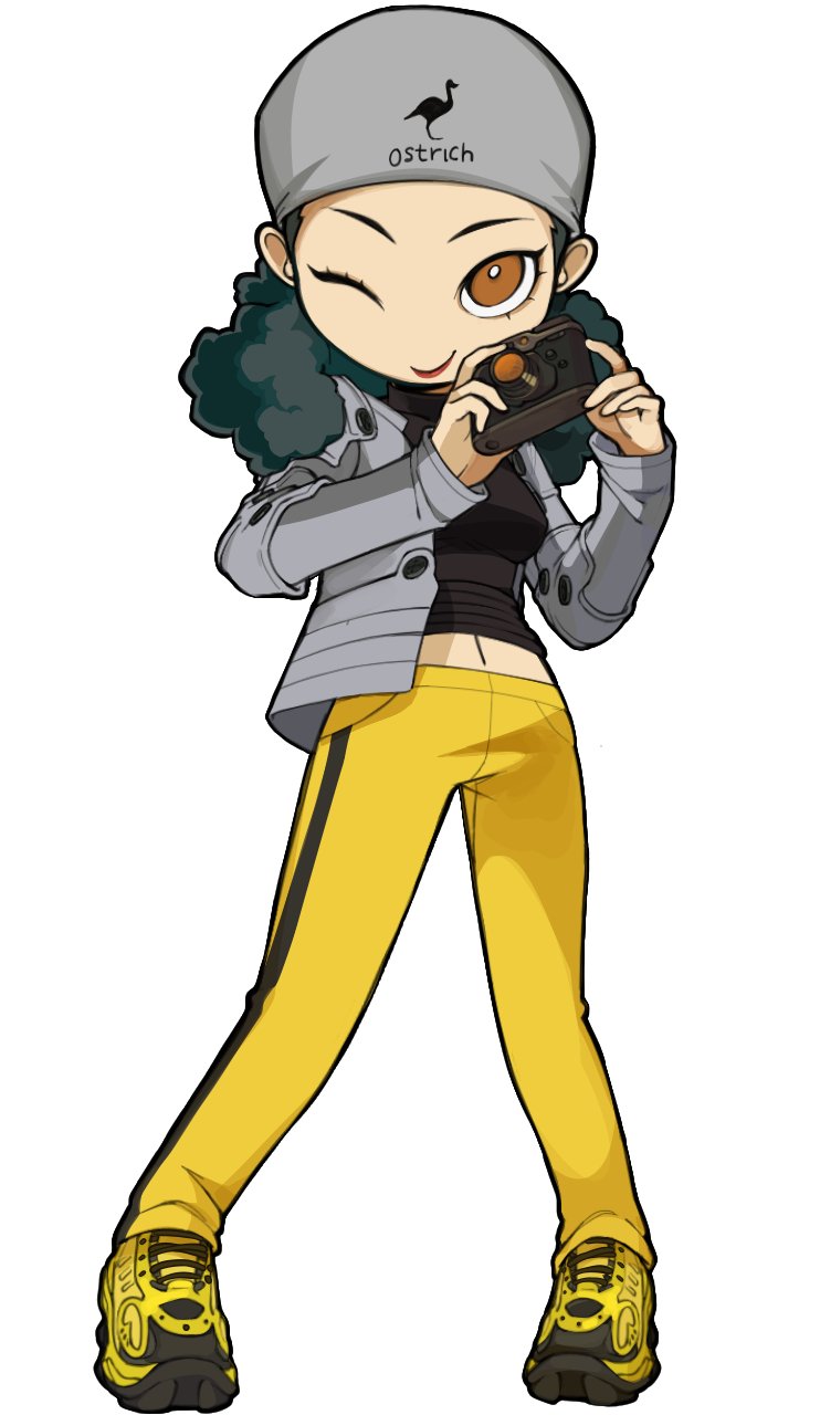 1girl, animal_print, beanie, bird_print, black_shirt, breasts, bright_pupils, brown_eyes, camera, clothes_writing, cortaunatijera, cropped_shirt, full_body, grey_hat, grey_jacket, hands_up, hat, hat_writing, highres, holding, holding_camera, jacket, kinky_hair, looking_at_viewer, mayuzumi_yukino, navel, no_nose, one_eye_closed, open_clothes, open_jacket, pants, parody, persona, persona_2, persona_2_batsu, persona_q_(series), print_hat, shirt, shoes, sneakers, solo, standing, style_parody, track_pants, white_pupils, yellow_pants, yellow_shoes