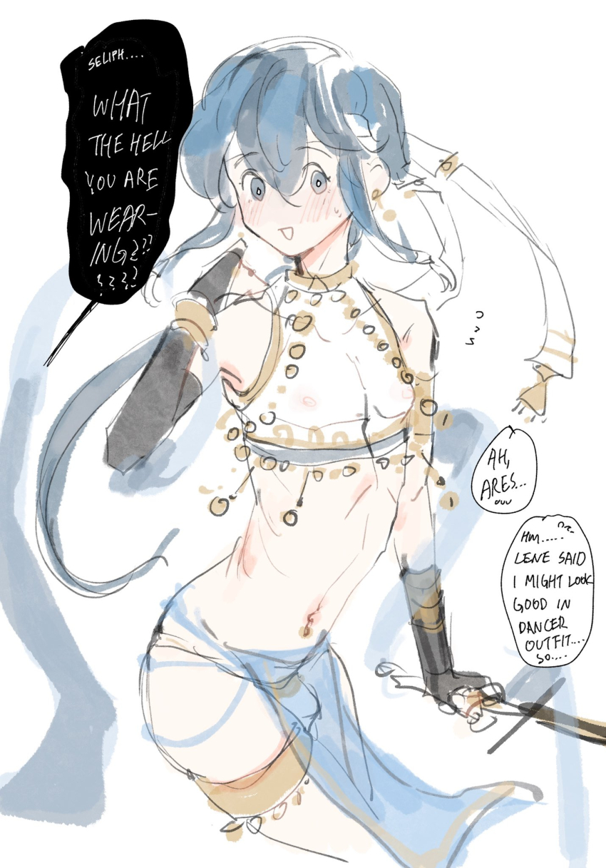 1boy, :d, alternate_costume, arabian_clothes, arched_back, ares_(fire_emblem), armpit_peek, black_gloves, blue_eyes, blue_hair, blush, bracelet, bulge, byefrog, chain, covered_erect_nipples, cowboy_shot, crop_top, crossdressing, crossdressing_(mtf), dancer, earrings, elbow_gloves, embarrassed, english_text, fire_emblem, fire_emblem:_genealogy_of_the_holy_war, flying_sweatdrops, gloves, gold_bracelet, gold_chain, gold_earrings, gold_thighlet, gold_trim, hair_between_eyes, hand_up, headband, highres, holding, holding_sword, holding_weapon, jewelry, lene_(fire_emblem), long_hair, looking_at_viewer, low_ponytail, male_focus, navel, navel_piercing, nintendo, open_mouth, panties, pectorals, pelvic_curtain, piercing, ponytail, raised_eyebrows, see-through_clothes, see-through_pelvic_curtain, see-through_shirt, seliph_(fire_emblem), shirt, sidelocks, sketch, sleeveless, sleeveless_shirt, smile, solo, speech_bubble, spoken_sweatdrop, stomach, surprised, sweatdrop, sword, thighlet, trap, underwear, weapon, white_headband, white_panties