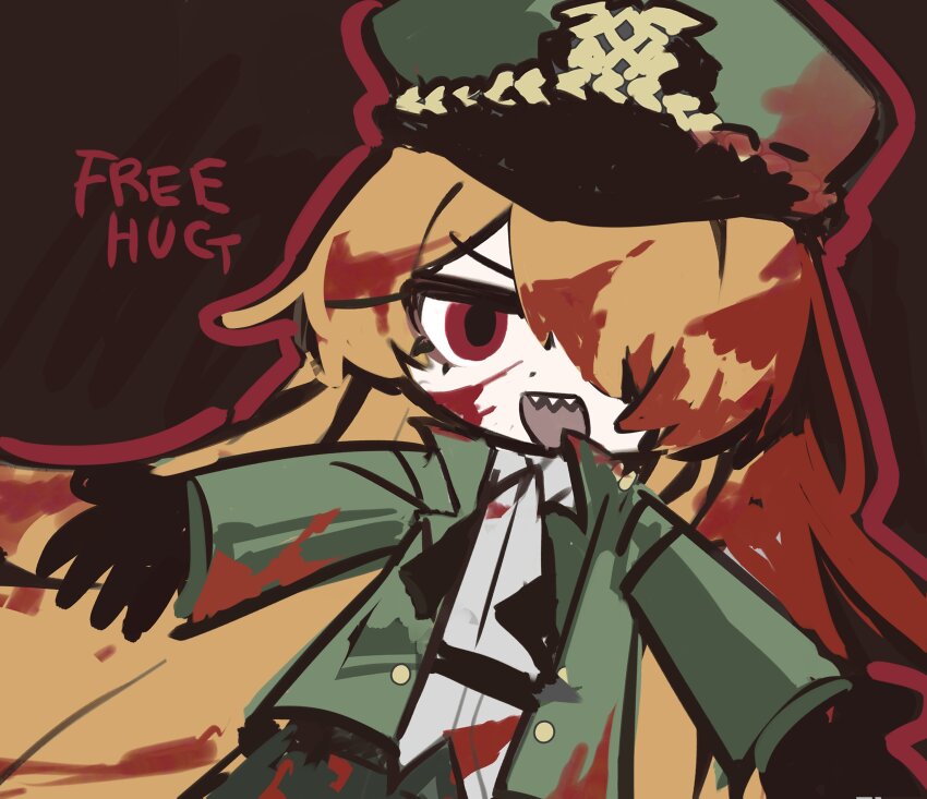 1girl, absurdres, black_gloves, blood, blood_in_hair, blood_on_clothes, blood_on_face, blood_on_hat