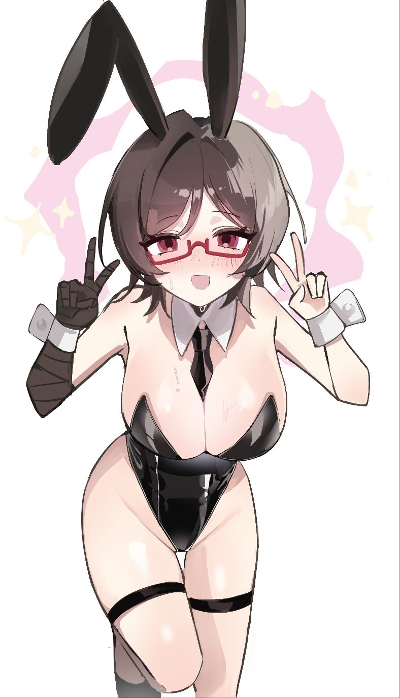 1girl, black_leotard, black_necktie, blush, breasts, brown_hair, character_request, cleavage