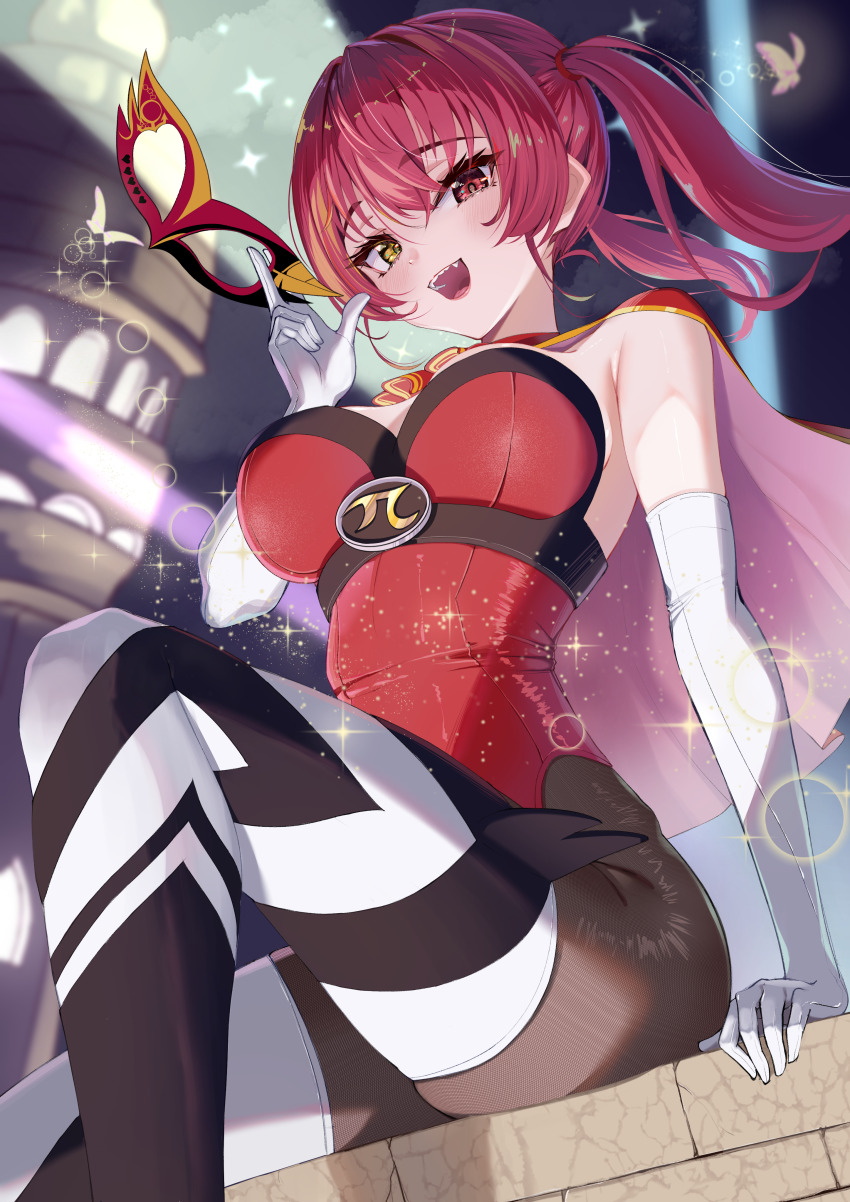 1girl, :d, absurdres, black_pantyhose, blurry, blurry_background, breasts, brick_wall