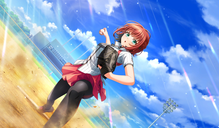 2girls, ball, baseball, baseball_(object), baseball_glove, baseball_stadium, baseball_uniform, black_pantyhose