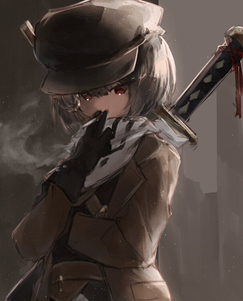 1girl, absurdres, bandana, black_gloves, black_hair, black_shirt, brown_hat, brown_jacket, newsboy_cap, cigarette, cowboy_shot, gloves, hand_up, hat, highres, jacket, lapels, limbus_company, long_sleeves, monocle, niioys, notched_lapels, ootachi, project_moon, red_eyes, red_rope, rope, ryoshu_(project_moon), shirt, short_hair, smoke, smoking, solo, sword, sword_on_back, weapon, weapon_on_back, white_bandana, yurodiviye_(identity)_(project_moon)
