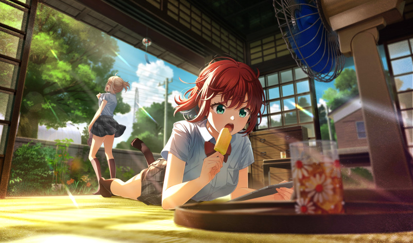 2girls, black_skirt, black_socks, blurry, bow, bowtie, braid, cinderella_series