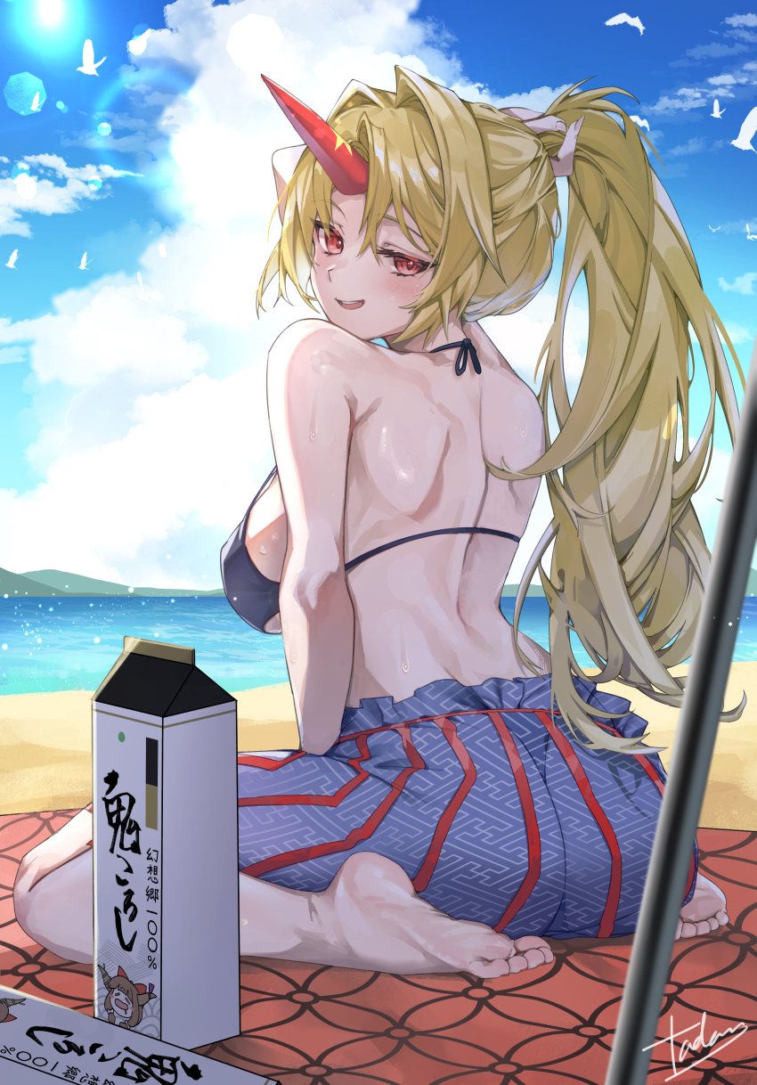 1girl, absurdres, alcohol_carton, ass, back, barefoot, beach, bikini