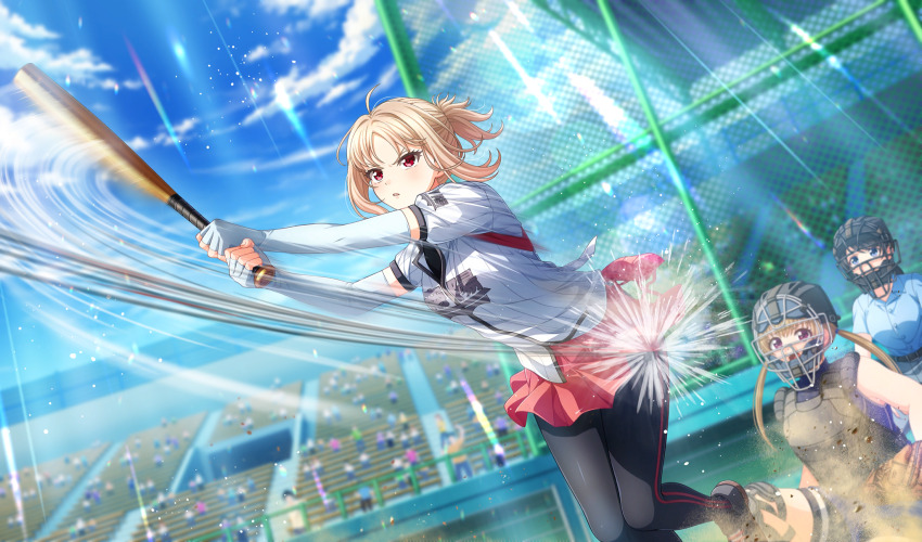 3girls, baseball, baseball_bat, baseball_glove, baseball_stadium, baseball_uniform, belt, black_belt