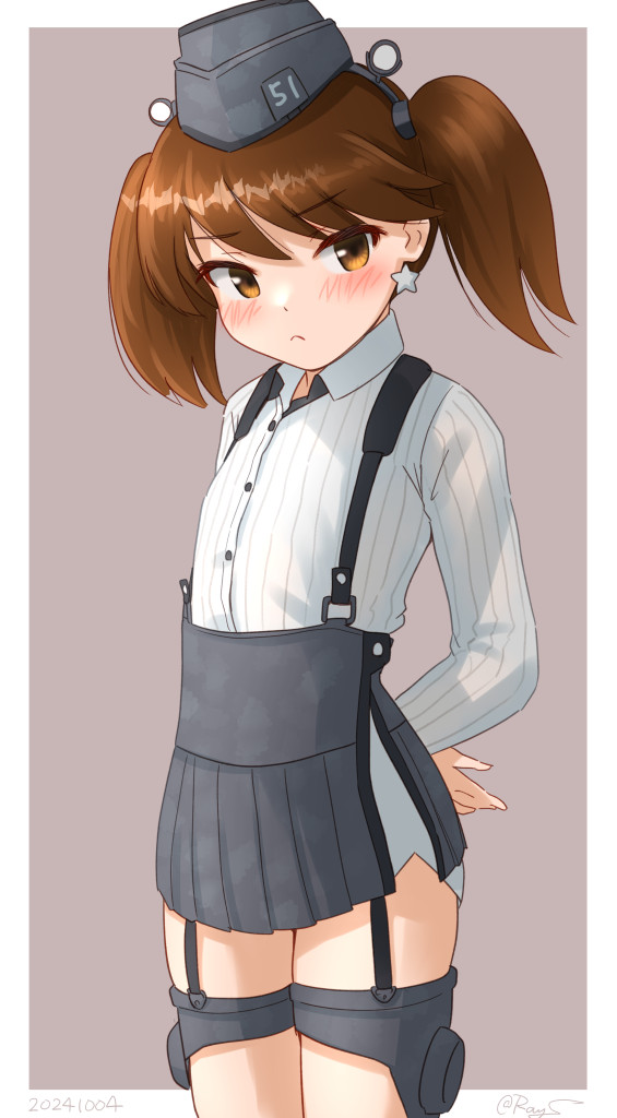 1girl, anchor_hair_ornament, atlanta_(kancolle), atlanta_(kancolle)_(cosplay), black_skirt, blush, brown_hair, cosplay, dress_shirt, earrings, embarrassed, flat_chest, garrison_cap, garter_straps, hair_ornament, hat, high-waist_skirt, jewelry, kantai_collection, long_hair, long_sleeves, look-alike, ray.s, ryuujou_(kancolle), shirt, skirt, solo, star_(symbol), star_earrings, suspender_skirt, suspenders, twintails, white_shirt