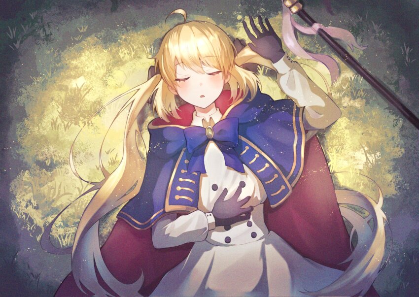 1girl, artoria_caster_(fate), artoria_caster_(second_ascension)_(fate), artoria_pendragon_(fate), black_gloves, black_ribbon, blonde_hair, blue_bow