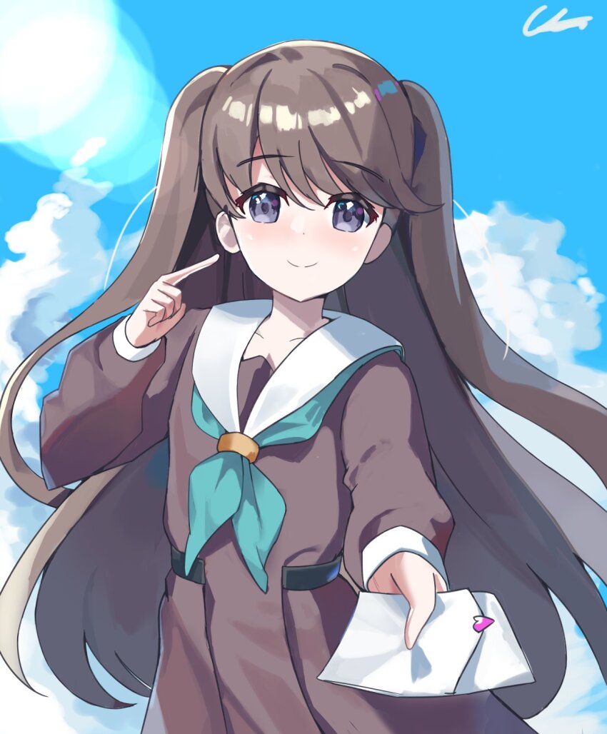 1girl, aqua_neckerchief, blue_sky, brown_dress, brown_hair, closed_mouth, cloud, commentary