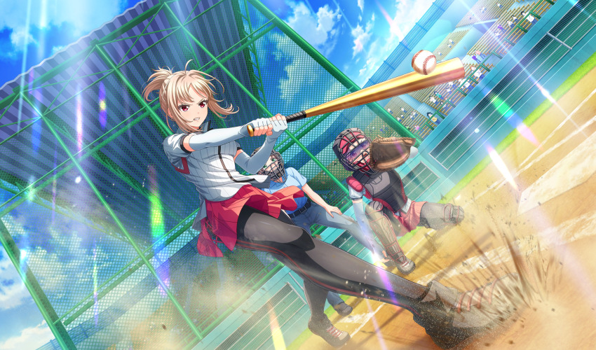 3girls, ball, baseball, baseball_(object), baseball_bat, baseball_glove, baseball_stadium, baseball_uniform