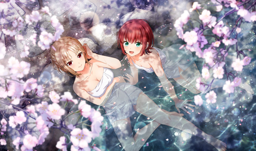 2girls, :d, arm_under_breasts, bare_shoulders, barefoot, blurry, breasts, cherry_blossoms