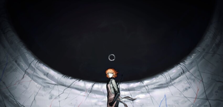 1girl, apron, black_gloves, black_sclera, bodysuit, brown_apron, colored_sclera, cowboy_shot