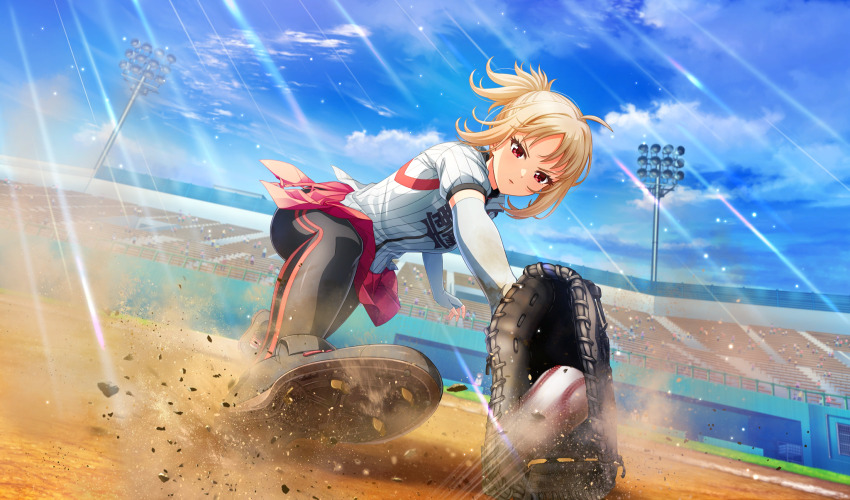 1girl, ahoge, ball, baseball, baseball_(object), baseball_glove, baseball_stadium, baseball_uniform
