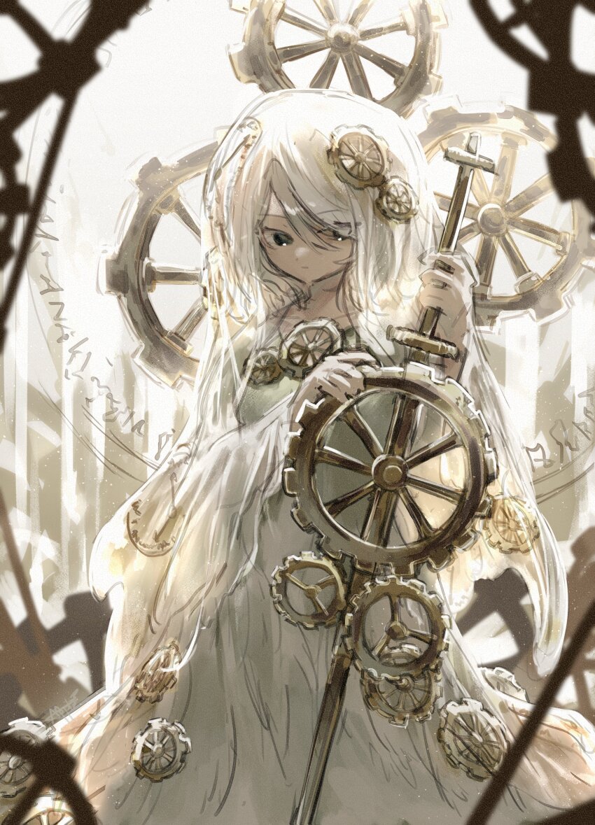 1girl, absurdres, blue_eyes, bridal_veil, bride, closed_mouth, cowboy_shot, dress, e.g.o_(project_moon), everlasting_(e.g.o), faust_(project_moon), gear_hair_ornament, highres, holding, holding_sword, holding_weapon, limbus_company, looking_at_viewer, niioys, project_moon, short_hair, solo, sword, veil, weapon, wedding_dress, white_dress, white_hair, white_theme, white_veil, wide_sleeves