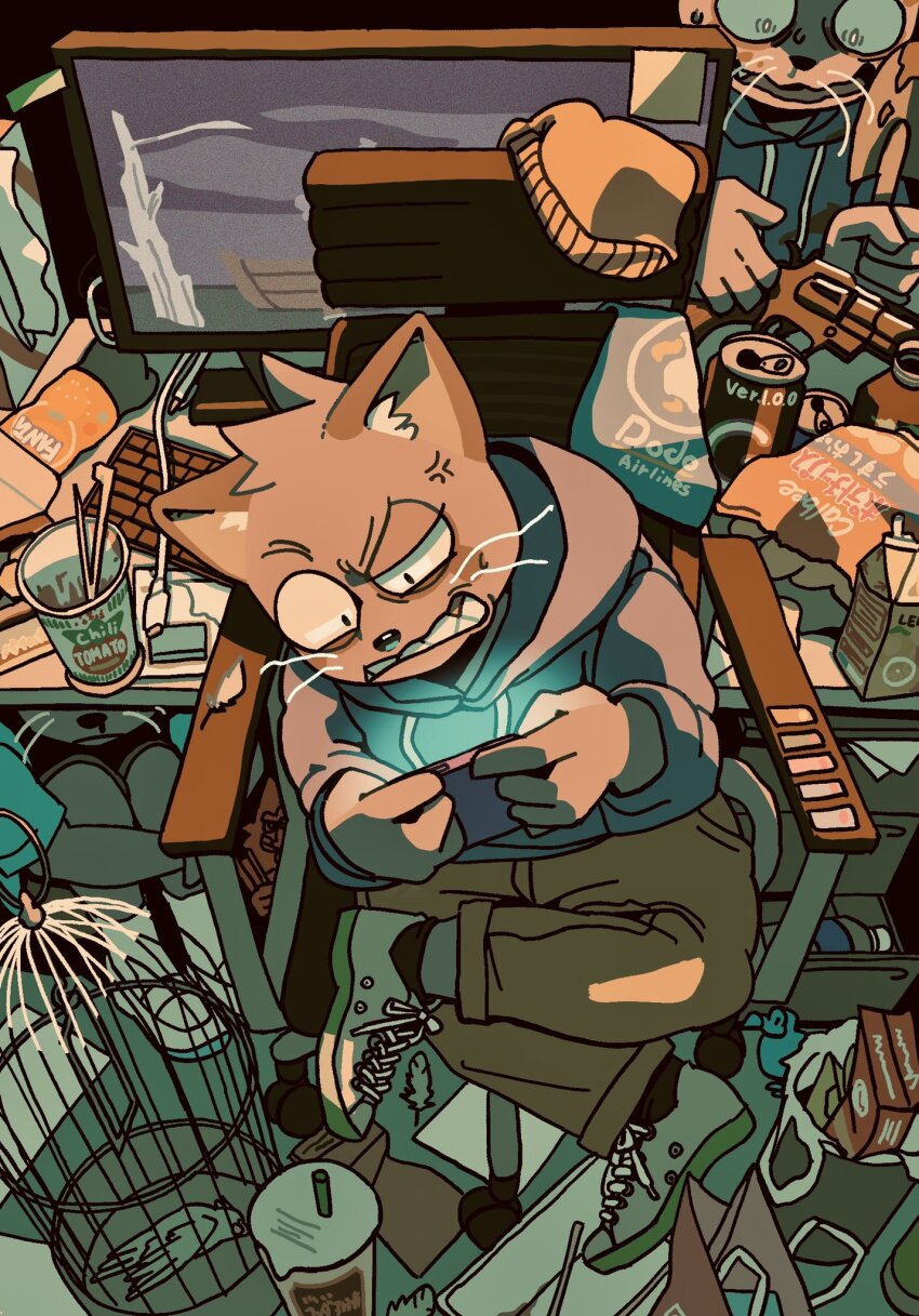 3boys, angry, birdcage, cage, can, cat_boy, chair, computer, computer_keyboard, crazy, death, drawer, drink_can, drink_carton, gun, highres, hood, hooded_jacket, instant_cup_noodles, instant_noodles, jacket, juice_box, messy_room, multiple_boys, nissin_cup_noodle, nissin_cup_noodle_chili_tomato, non-web_source, odd_taxi, on_floor, open_drawer, sitting, soda_can, tanaka_hajime_(odd_taxi), trash, trash_can, vetiver, weapon