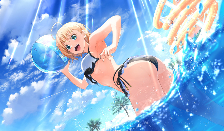 :d, ahoge, ball, beachball, bikini, blonde_hair, cinderella_series, cloud