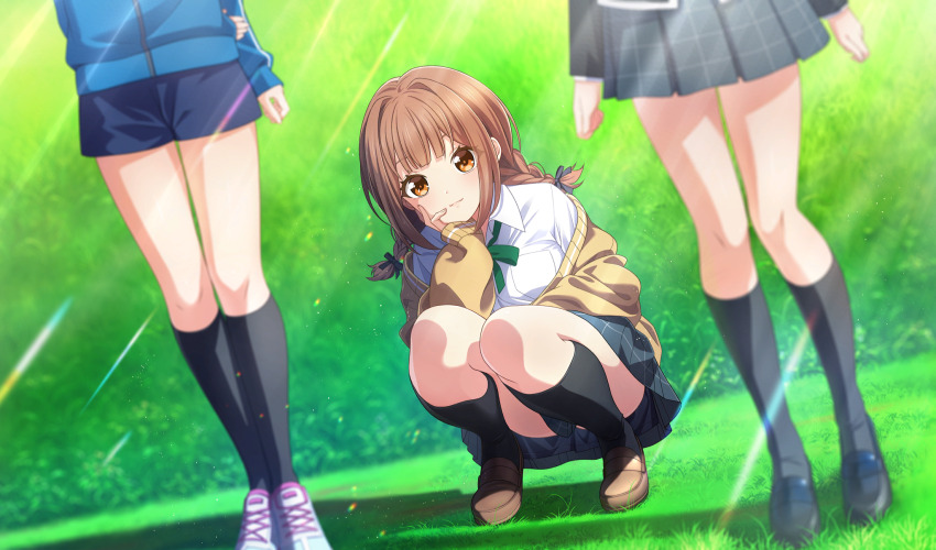 3girls, black_bow, black_footwear, black_shorts, black_socks, blue_jacket, blurry, bow