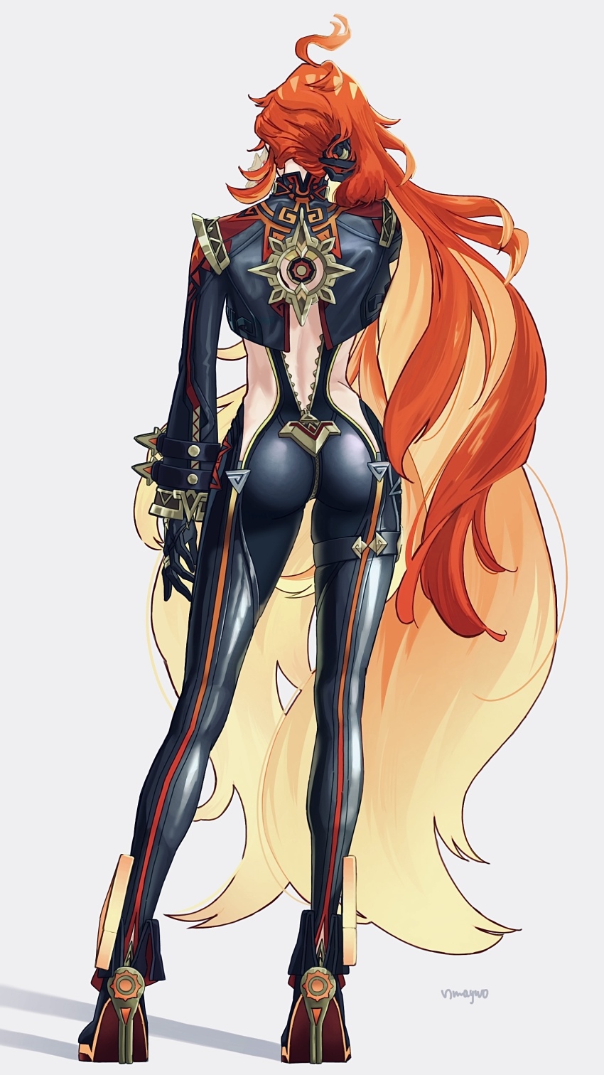 1girl, absurdres, ass, back, back_focus, biker_clothes, bikesuit, black_bodysuit, bodysuit, facing_away, from_behind, full_body, genshin_impact, highres, long_hair, long_sleeves, mavuika_(genshin_impact), multicolored_hair, nmaywo, orange_hair, red_hair, simple_background, standing, two-tone_hair, unzipped, very_long_hair, white_background, zipper