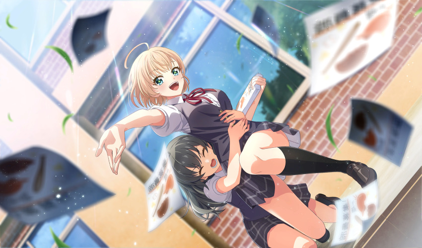 2girls, :d, ahoge, black_footwear, black_hair, black_socks, blonde_hair, blurry