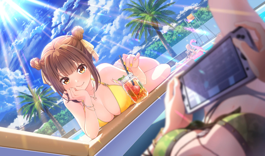 4girls, aisaka_koko, akino_komugi, beach_chair, bikini, black_hair, blonde_hair, blurry, bow, breasts, brown_eyes, brown_hair, chair, cinderella_series, cleavage, closed_mouth, cloud, controller, cumulonimbus_cloud, day, depth_of_field, double_bun, drinking_straw, dutch_angle, flamingo_raft, game_cg, game_controller, green_bikini, hachigatsu_no_cinderella_nine, hair_bow, hair_bun, halterneck, hand_on_own_cheek, hand_on_own_face, handheld_game_console, highres, holding, holding_controller, holding_drinking_straw, holding_game_controller, jewelry, joujima_momo, kusakari_runa, light_rays, looking_at_viewer, lying, medium_hair, mountain, multiple_girls, necklace, nintendo_switch, nintendo_switch_lite, non-web_source, official_art, on_chair, on_stomach, outdoors, palm_tree, playing_games, playing_video_games, poolside, pov, pov_breasts, sky, smile, string_bikini, sunbeam, sunlight, swimsuit, tree, yellow_bikini, yellow_bow