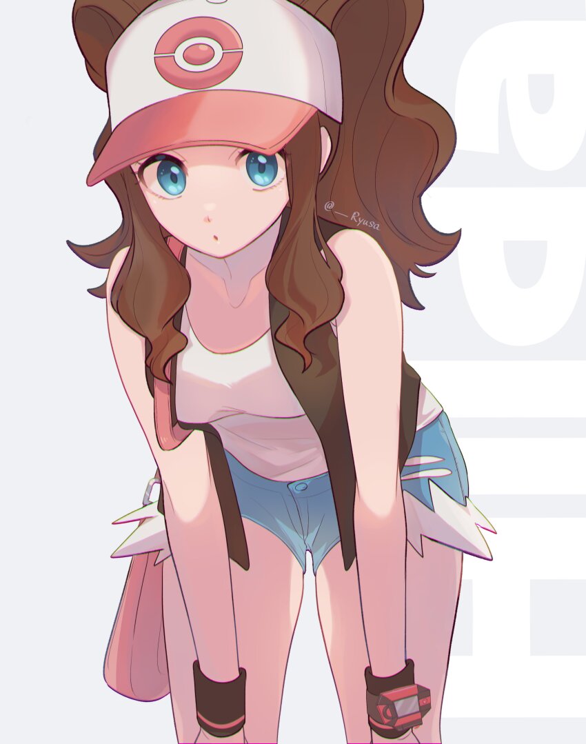 1girl, :o, absurdres, bag, baseball_cap, black_vest, blue_eyes, breasts, brown_hair, character_name, collarbone, commentary, denim, denim_shorts, hat, highres, hilda_(pokemon), leaning_forward, long_hair, looking_at_viewer, nintendo, pink_bag, poke_ball_print, pokemon, pokemon_black_and_white, ryusa_(gjgd7445), shirt, shorts, shoulder_bag, sidelocks, sleeveless, sleeveless_shirt, small_breasts, solo, twitter_username, vest, white_hat, white_shirt, wristband, xtransceiver