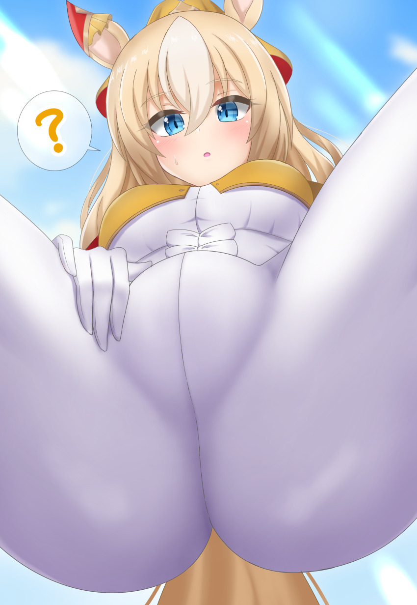 1girl, ?, absurdres, animal_ears, ass, ass_focus, blonde_hair, blue_eyes