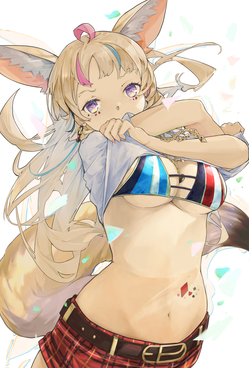 1girl, absurdres, ahoge, animal_ear_fluff, animal_ears, belt, belt_buckle, bikini, bikini_top_only, blonde_hair, blue_hair, breasts, buckle, clothes_lift, commentary, earrings, fox_ears, fox_tail, haimura, highres, hololive, jewelry, lifting_own_clothes, long_hair, looking_at_viewer, medium_breasts, multicolored_hair, navel, necklace, omaru_polka, pink_hair, purple_eyes, shirt, shirt_lift, skirt, solo, streaked_hair, swimsuit, tail, virtual_youtuber