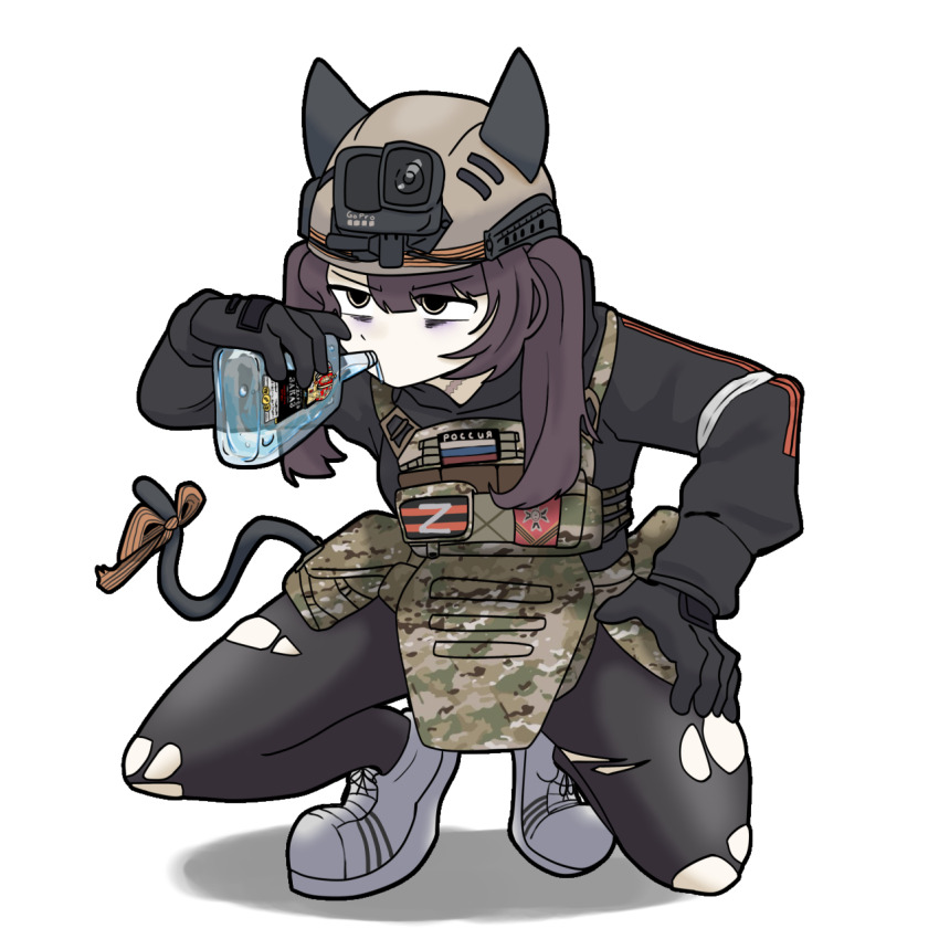 1girl, action_camera, alcohol, animal_ears, borrowed_character, bulletproof_vest, cat_ears, cat_tail