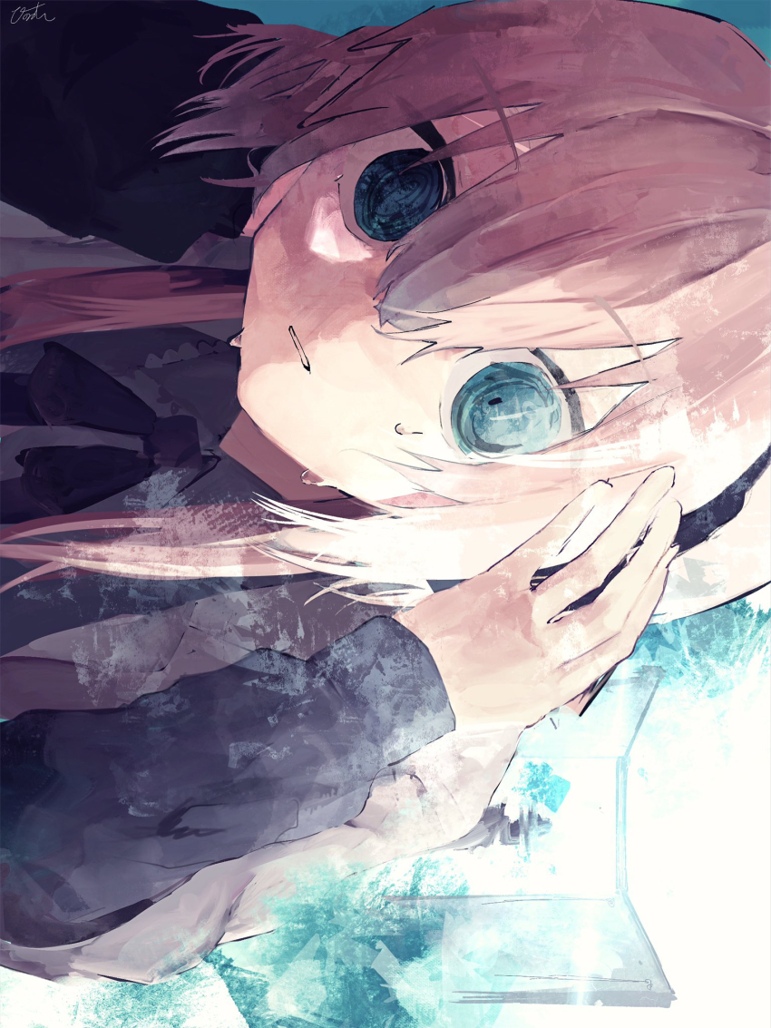 1girl, @_@, black_jacket, black_ribbon, blue_background, blue_eyes, cevio, hair_between_eyes