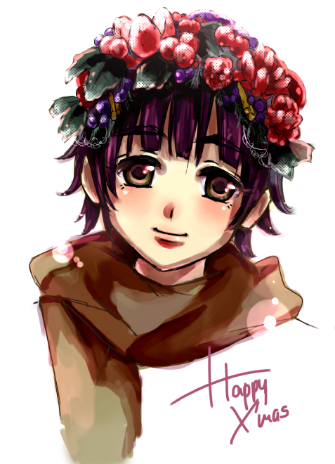 black_hair, brown_eyes, christmas, english_text, head_tilt, head_wreath, ichi_(lucky-dog1), lips
