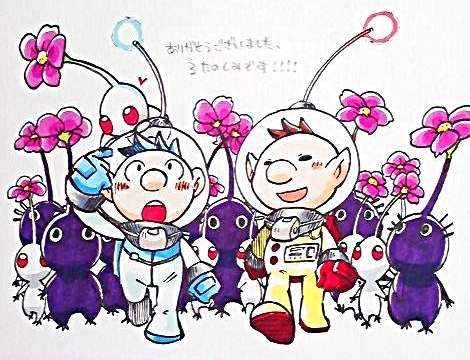 2boys, akira_(8877ice), alph_(pikmin), backpack, bag, large_nose, black_eyes, blue_bag, blue_gloves, blue_hair, blush_stickers, brown_hair, buttons, clenched_hands, closed_eyes, colored_skin, commentary_request, creature_on_head, flower, full_body, gloves, hand_on_own_head, happy, heart, helmet, looking_at_another, lowres, male_focus, multiple_boys, nintendo, no_mouth, olimar, open_mouth, pikmin_(creature), pikmin_(series), pink_flower, pointy_ears, purple_hair, purple_pikmin, purple_skin, radio_antenna, red_bag, red_eyes, red_gloves, short_hair, smile, solid_circle_eyes, space_helmet, spacesuit, teeth, traditional_media, translation_request, upper_teeth_only, very_short_hair, walking, whistle, white_pikmin, white_skin