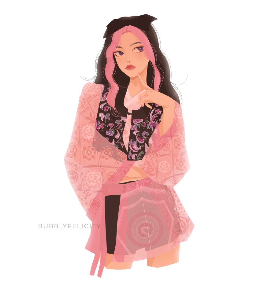 1girl, artist_name, black_bow, black_hair, blackpink, bow, bubblyfelicity, closed_mouth