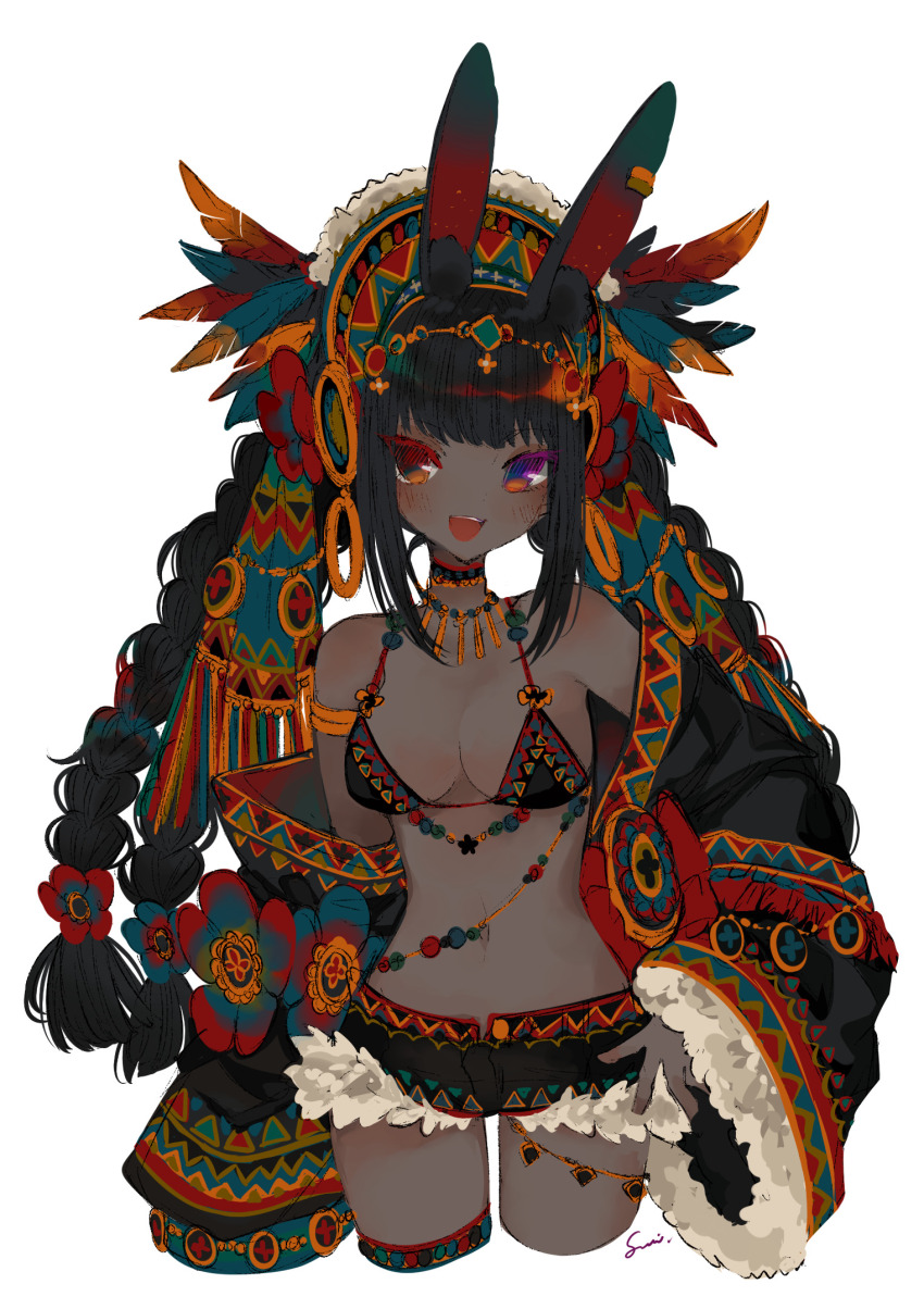 1girl, animal_ears, bikini, bikini_top_only, black_bikini, black_hair, black_shorts, braid