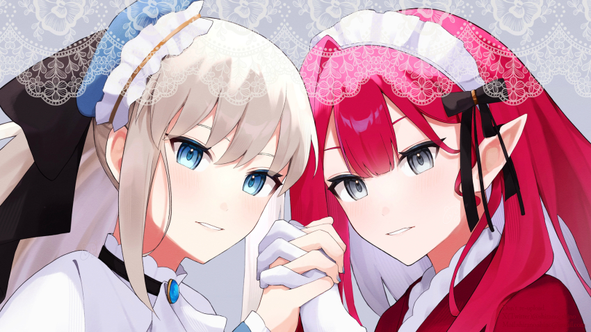 2girls, baobhan_sith_(fate), blue_eyes, blush, dress, fate/grand_order, fate_(series), gloves, grey_eyes, hair_ribbon, headdress, highres, holding_hands, long_hair, looking_at_viewer, morgan_le_fay_(fate), mother_and_child, mother_and_daughter, multiple_girls, parent_and_child, pink_hair, pointy_ears, ponytail, red_dress, ribbon, shirano_shino, sidelocks, smile, upper_body, white_dress, white_gloves, white_hair