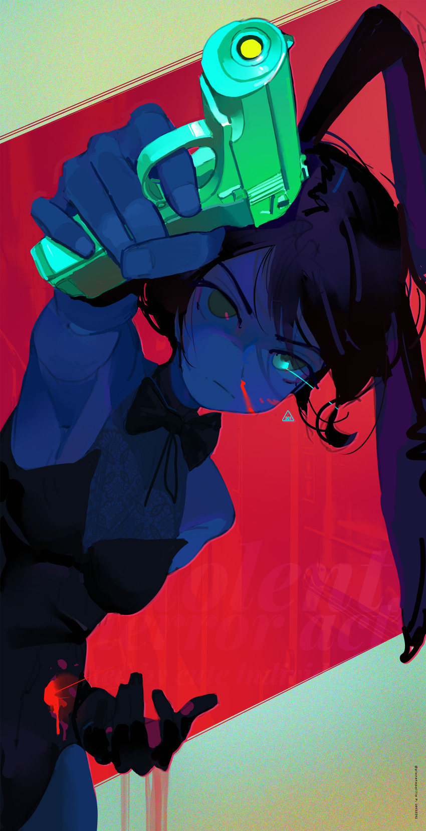 1girl, absurdres, aiming, aiming_at_viewer, animal_ears, bare_shoulders, blood, blood_on_face, bow, bowtie, bullet_wound, fake_animal_ears, foreshortening, glowing, glowing_eye, green_eyes, gun, handgun, highres, holding, holding_gun, holding_weapon, injury, nosebleed, original, playboy_bunny, polilla, solo, weapon