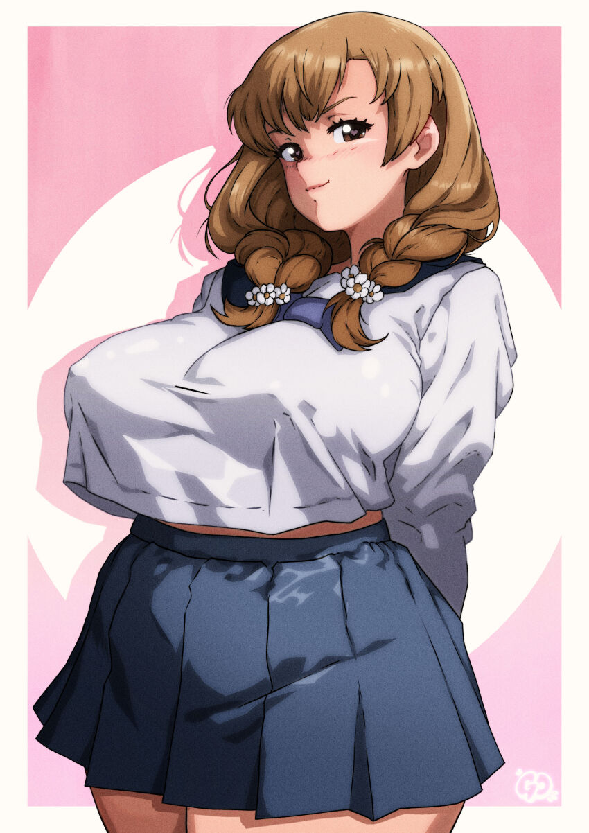 1girl, absurdres, alternate_breast_size, belly, black_skirt, blush, braid, breasts, brown_hair, gravydood, hair_over_shoulder, highres, juusan_kihei_bouei_ken, large_breasts, long_hair, long_sleeves, looking_at_viewer, pink_background, pleated_skirt, plump, sailor_collar, sawatari_miwako, school_uniform, serafuku, simple_background, skirt, solo, thick_thighs, thighs, twin_braids