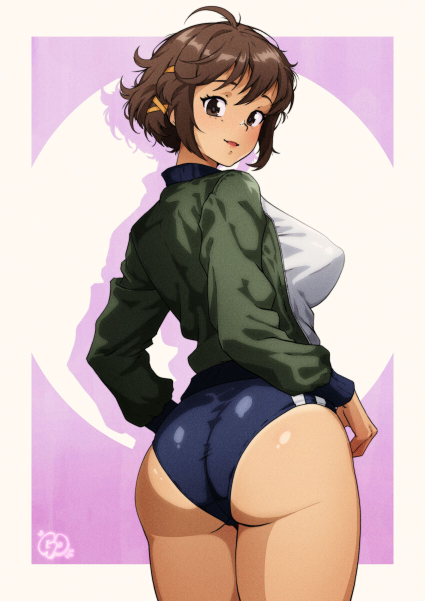 1girl, absurdres, alternate_breast_size, ass, ass_focus, back, blue_buruma, breasts