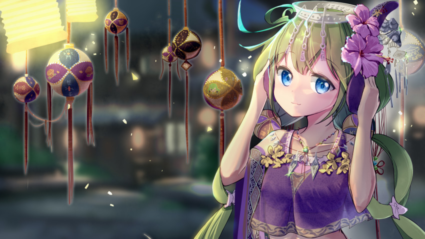 1girl, blue_eyes, blurry, blurry_background, china, chinese_clothes, crop_top, crown, green_hair, guangxi, hair_rings, highres, lantern, long_hair, low_twintails, original, outdoors, solo, twintails, xyy25, zhuang_clothes
