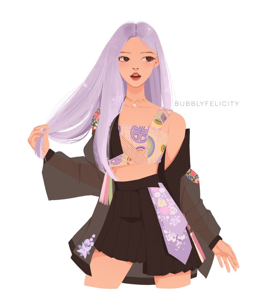 1girl, artist_name, black_skirt, blackpink, bubblyfelicity, commentary, cowboy_shot, english_commentary