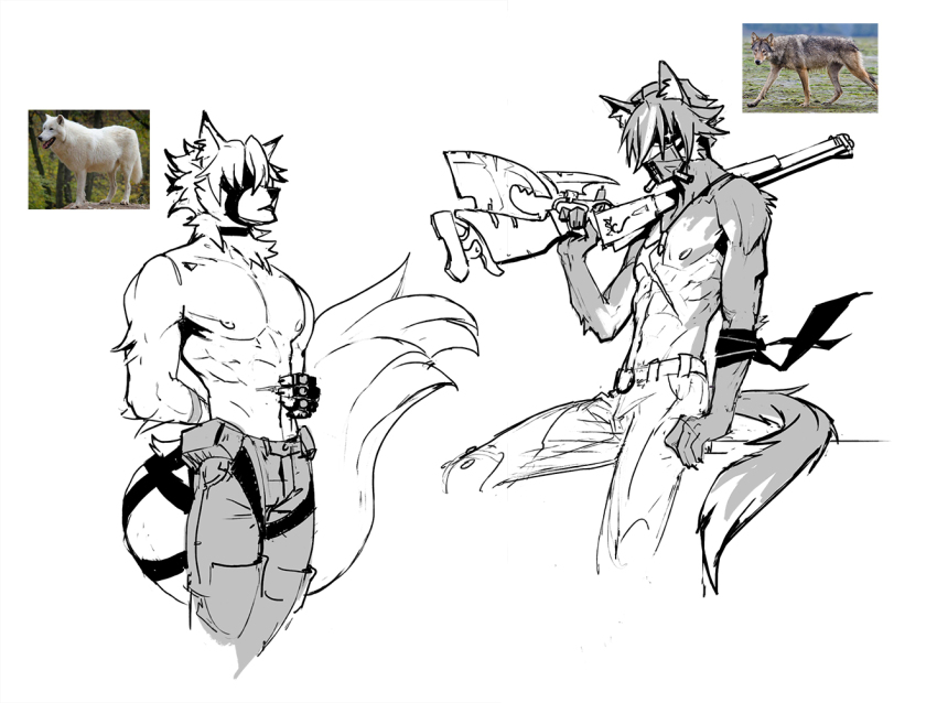 2boys, abs, animal_ears, commentary, cross_scar, english_commentary, fingerless_gloves, furry, furry_male, gloves, gun, holding, holding_gun, holding_weapon, jrtgl11, male_focus, monochrome, mors_(zenless_zone_zero), multiple_boys, muscular, muscular_male, navel, nipples, pectorals, photo_inset, scar, scar_on_chest, scar_on_stomach, tail, topless_male, von_lycaon, weapon, wolf_boy, wolf_ears, wolf_tail, zenless_zone_zero