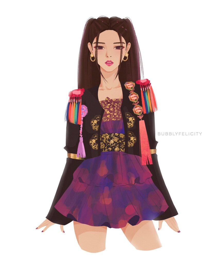 1girl, artist_name, belt, black_jacket, blackpink, brown_hair, bubblyfelicity, commentary