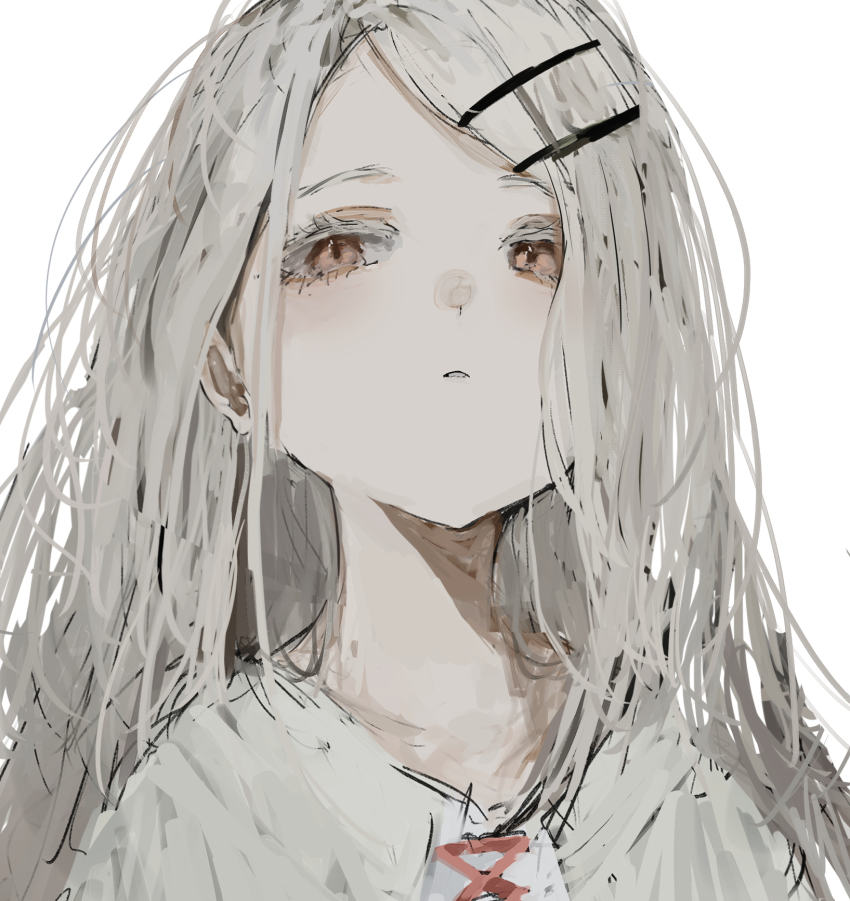 1girl, close-up, commentary, cross-laced_clothes, cross-laced_top, gakuen_idolmaster, grey_hair, hair_ornament