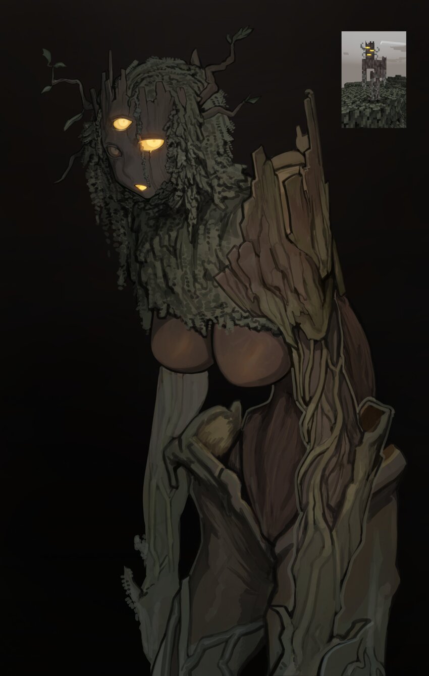 1girl, 1other, absurdres, black_background, branch, breasts, colored_sclera, commentary, completely_nude, creaking_(minecraft), extra_eyes, glowing, glowing_eyes, glowing_mouth, highres, hunched_over, jdw, large_breasts, leaf, long_arms, long_hair, looking_at_viewer, minecraft, monster_girl, moss, navel, nude, outdoors, personification, plant_girl, reference_inset, simple_background, sky, untranslatable_commentary, treant, tree, yellow_eyes, yellow_sclera