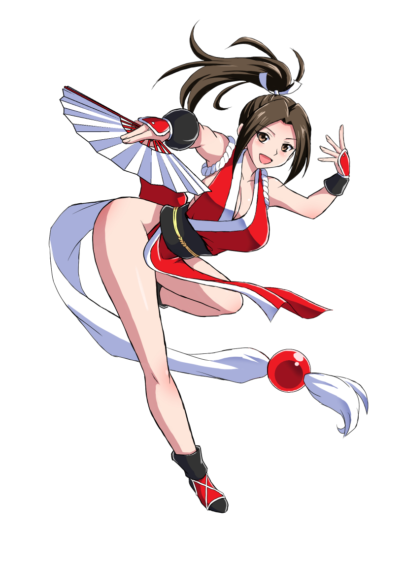 1girl, :d, arm_guards, bare_shoulders, breasts, brown_eyes, brown_hair, cleavage