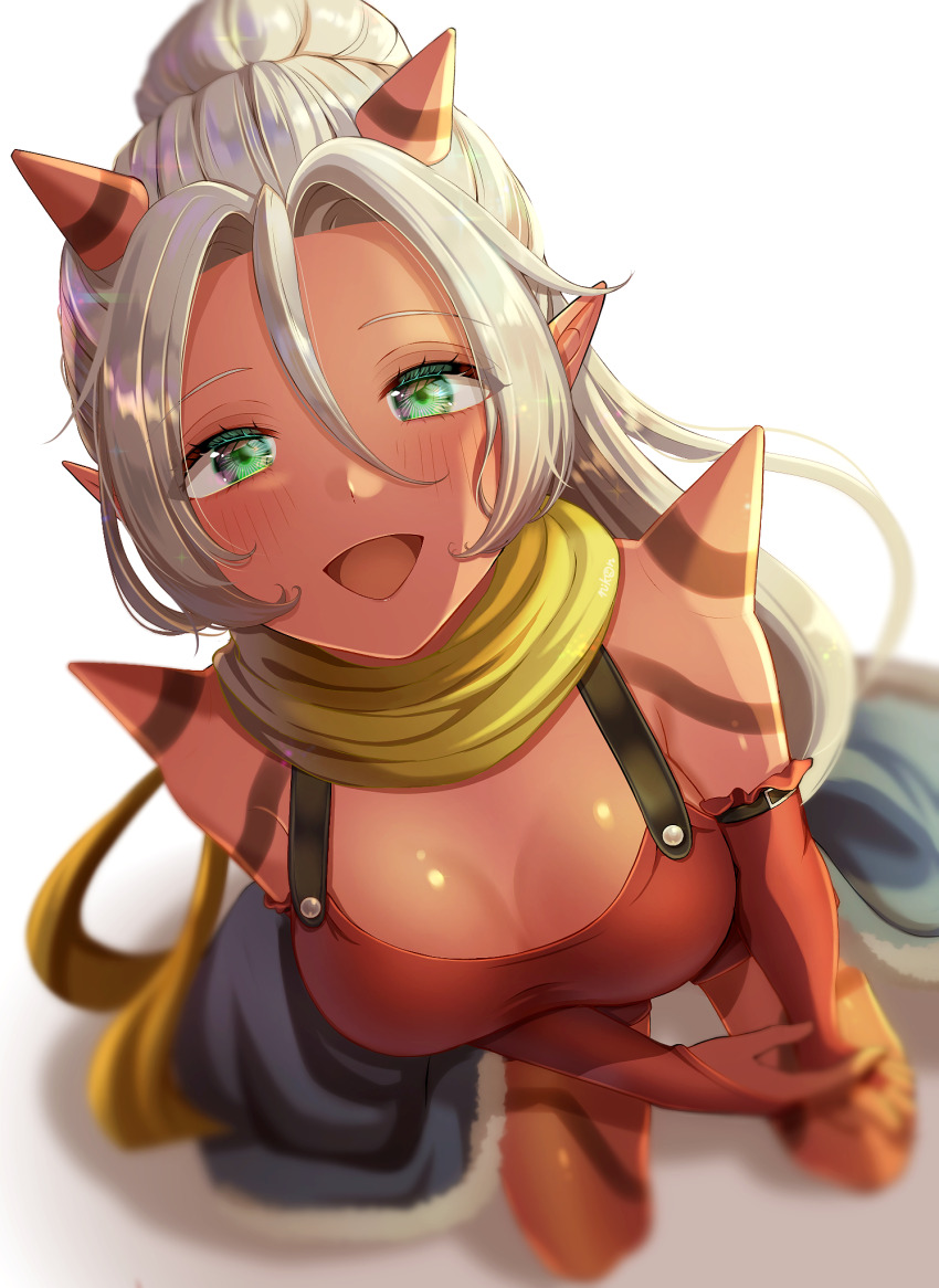 1girl, blurry, breasts, bridal_gauntlets, cleavage, colored_skin, commentary_request, depth_of_field