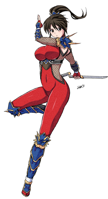 1girl, arm_guards, armor, black_hair, bodysuit, breasts, brown_eyes, commentary_request