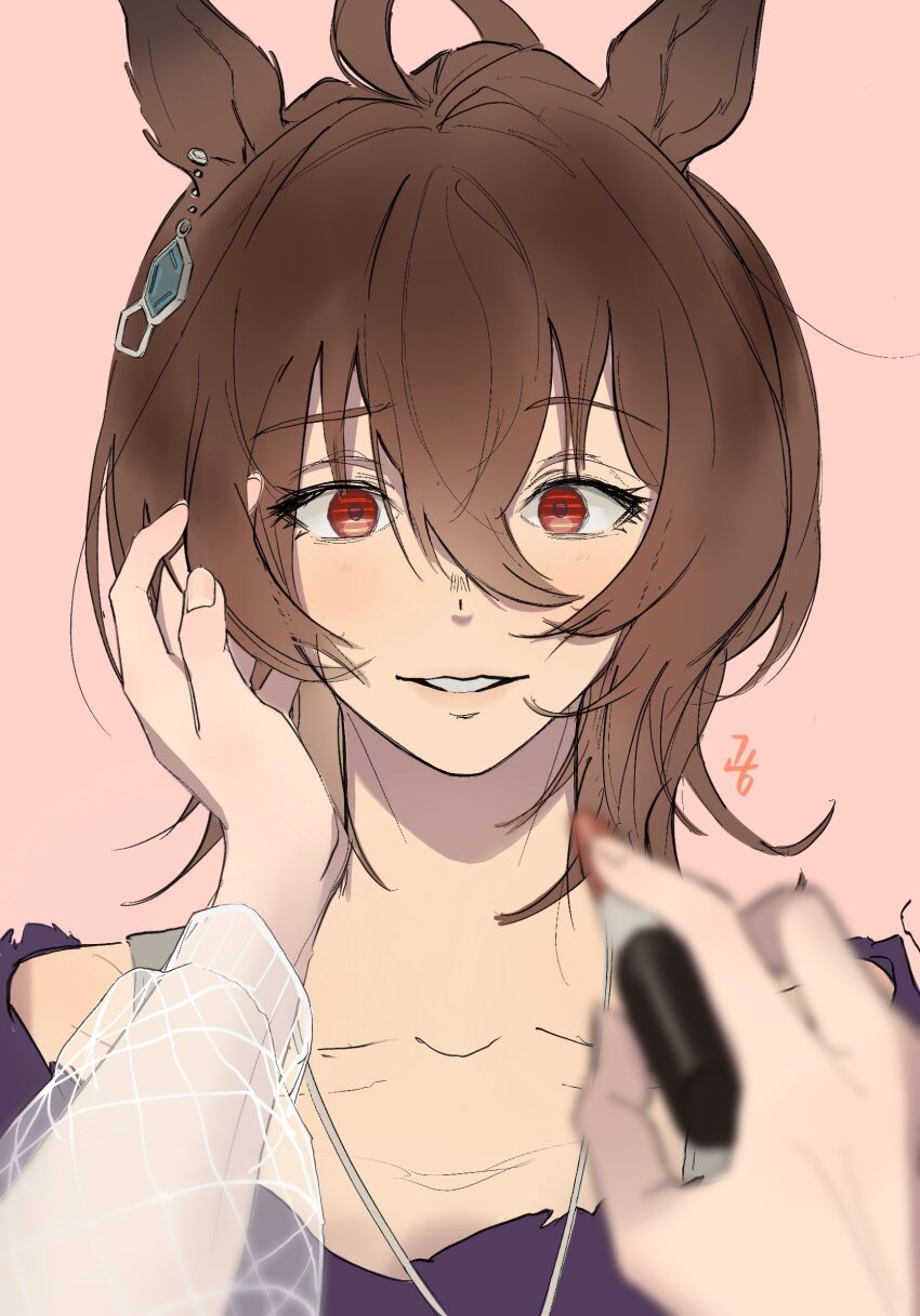 1girl, agnes_tachyon_(casual)_(umamusume), agnes_tachyon_(umamusume), ahoge, animal_ears, beyondthe_c, bra_strap, brown_background