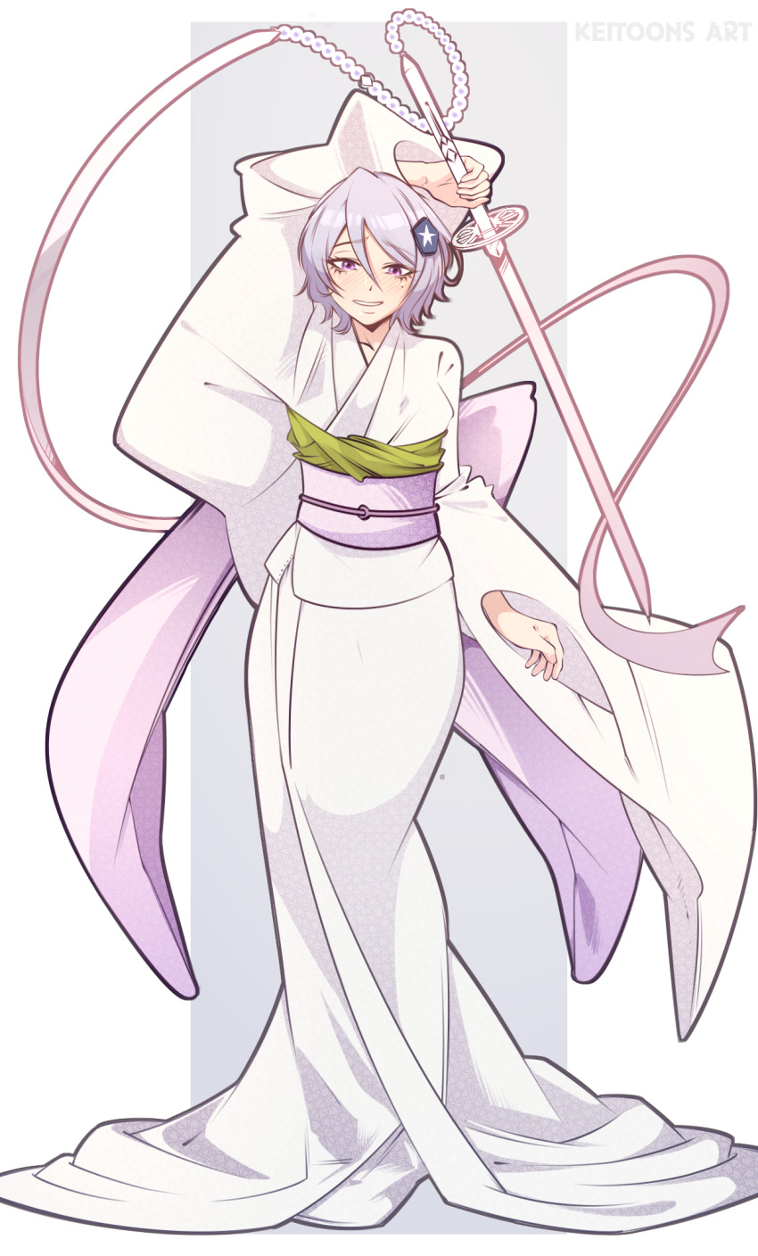 1girl, 2022, arm_above_head, armpits, artist_name, bleach, bleach:_sennen_kessen-hen, female_focus, hakka_no_togame_(bankai), highres, holding, holding_weapon, japanese_clothes, keitoons_art, kuchiki_rukia, looking_at_viewer, purple_eyes, simple_background, smile, teeth, variant_set, weapon, white_background, zanpakutou